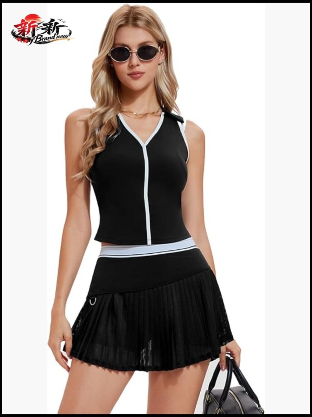 2 Piece Tennis Skirt Set V Neck Collared Tank with Built in Bra Pleated Mesh